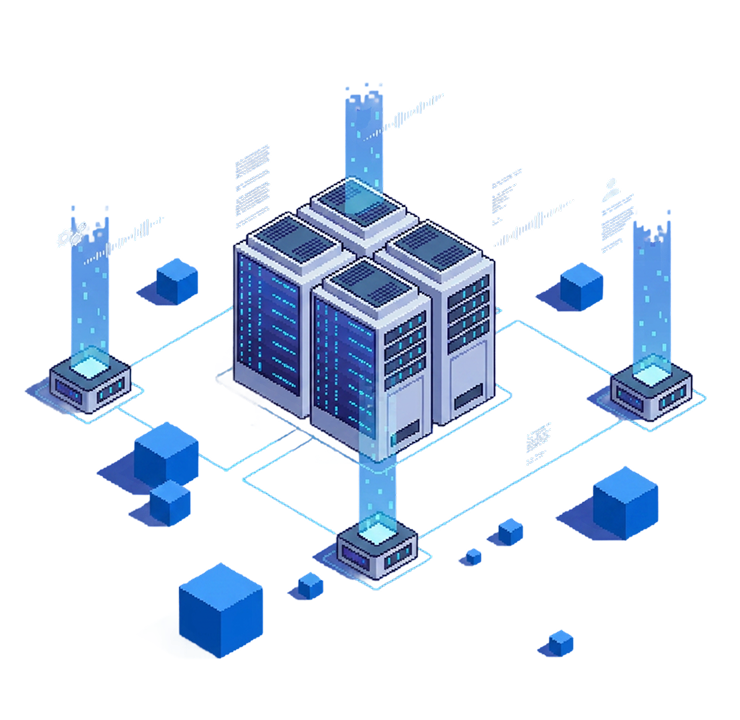 Isometric illustration of a server room with data flows