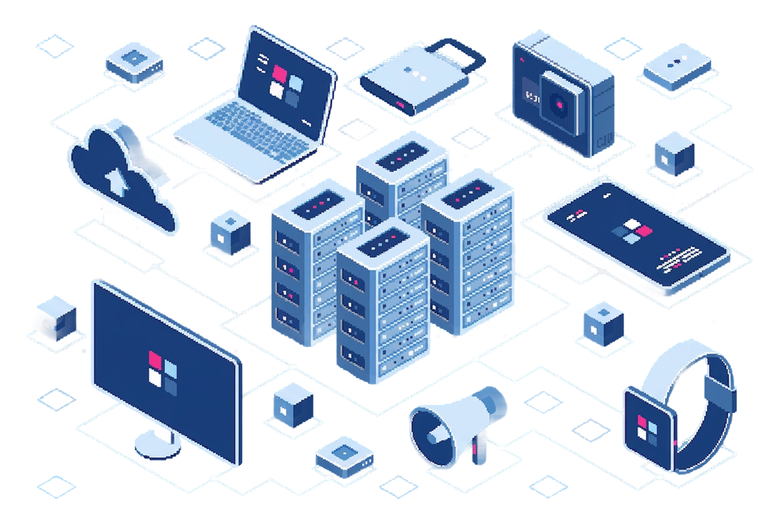 Isometric illustration of a connected SaaS ecosystem
